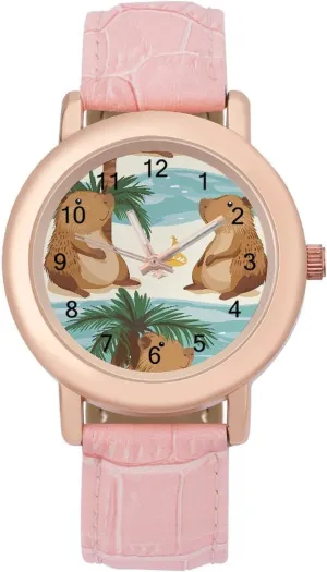 Capybaras Animal Wrist Watches for Women Pink Leather Band Watch Fashion Three-Hand Watch Gift for Ladies