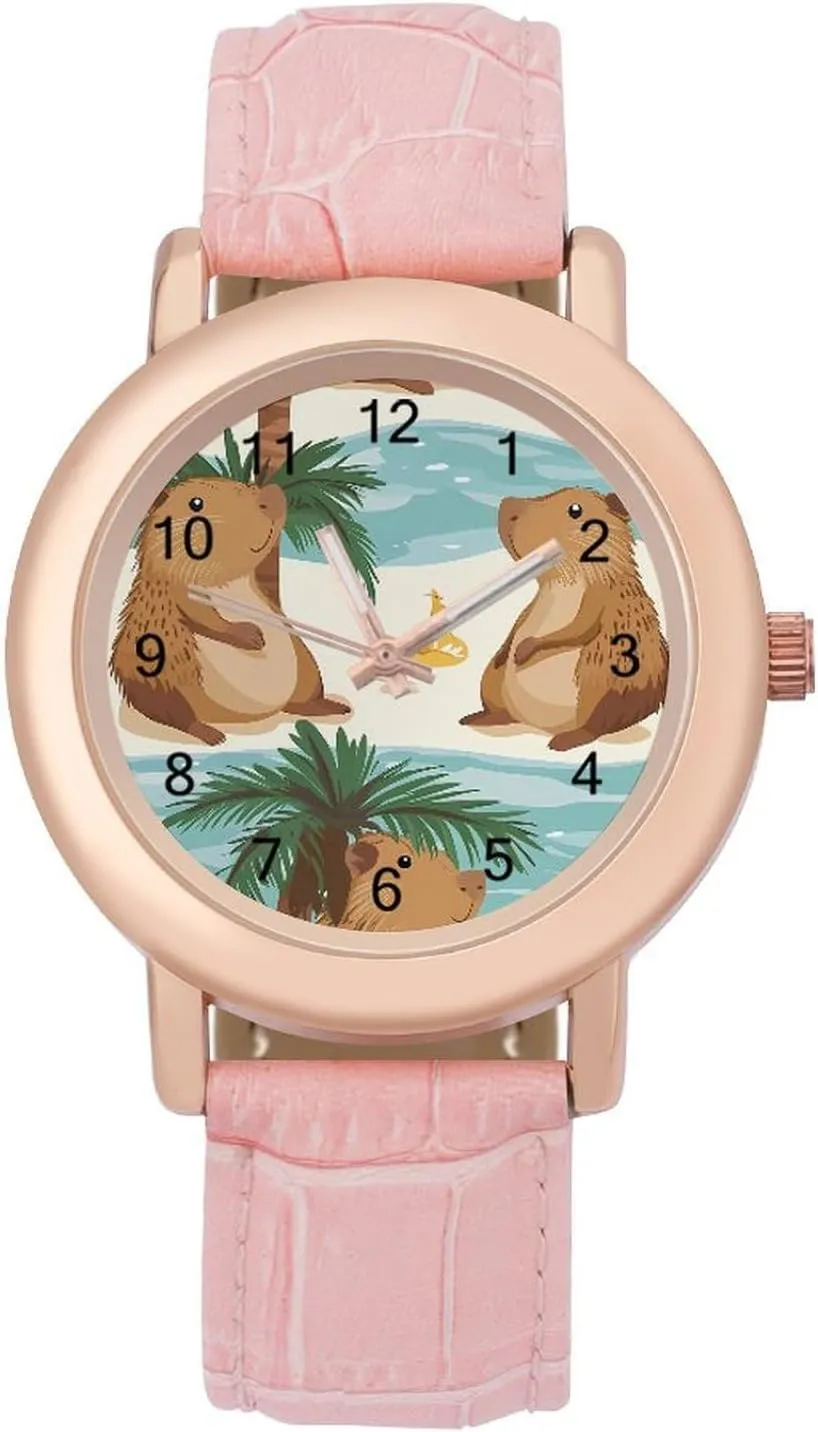 Capybaras Animal Wrist Watches for Women Pink Leather Band Watch Fashion Three-Hand Watch Gift for Ladies