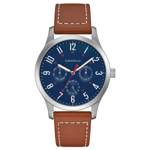 Caravelle Mens Brown Leather Band Chronograph Blue Quatz Dial Watch - 43C122