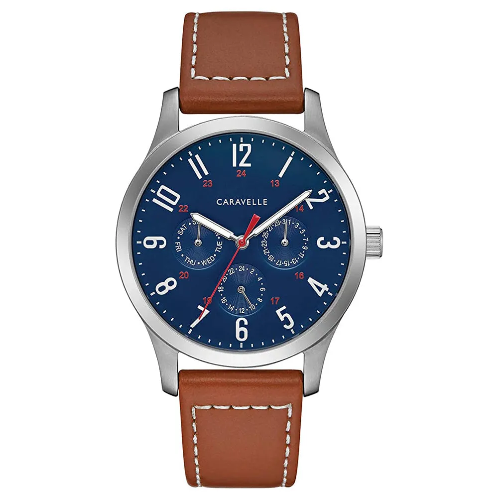 Caravelle Mens Brown Leather Band Chronograph Blue Quatz Dial Watch - 43C122