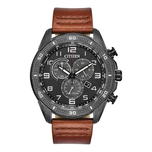 Citizen AR - Action Eco Drive Mens Brown Leather Band Black Quartz Dial Watch - AT2447-01E