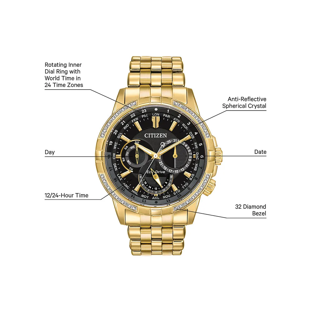 Citizen Eco-Drive Mens Gold Stainless Steel Band Black Dial Watch - BU2082-56E