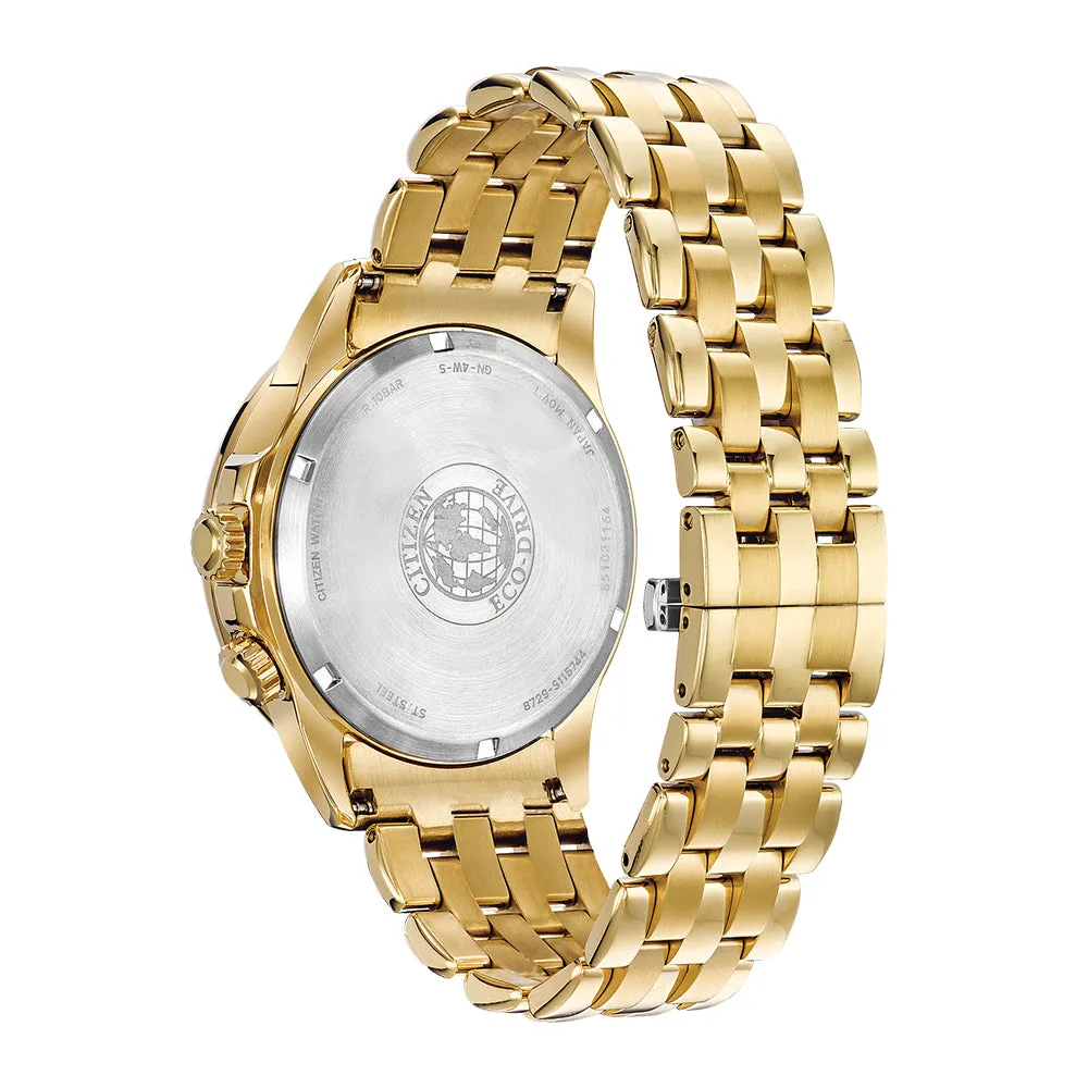 Citizen Eco-Drive Mens Gold Stainless Steel Band Black Dial Watch - BU2082-56E