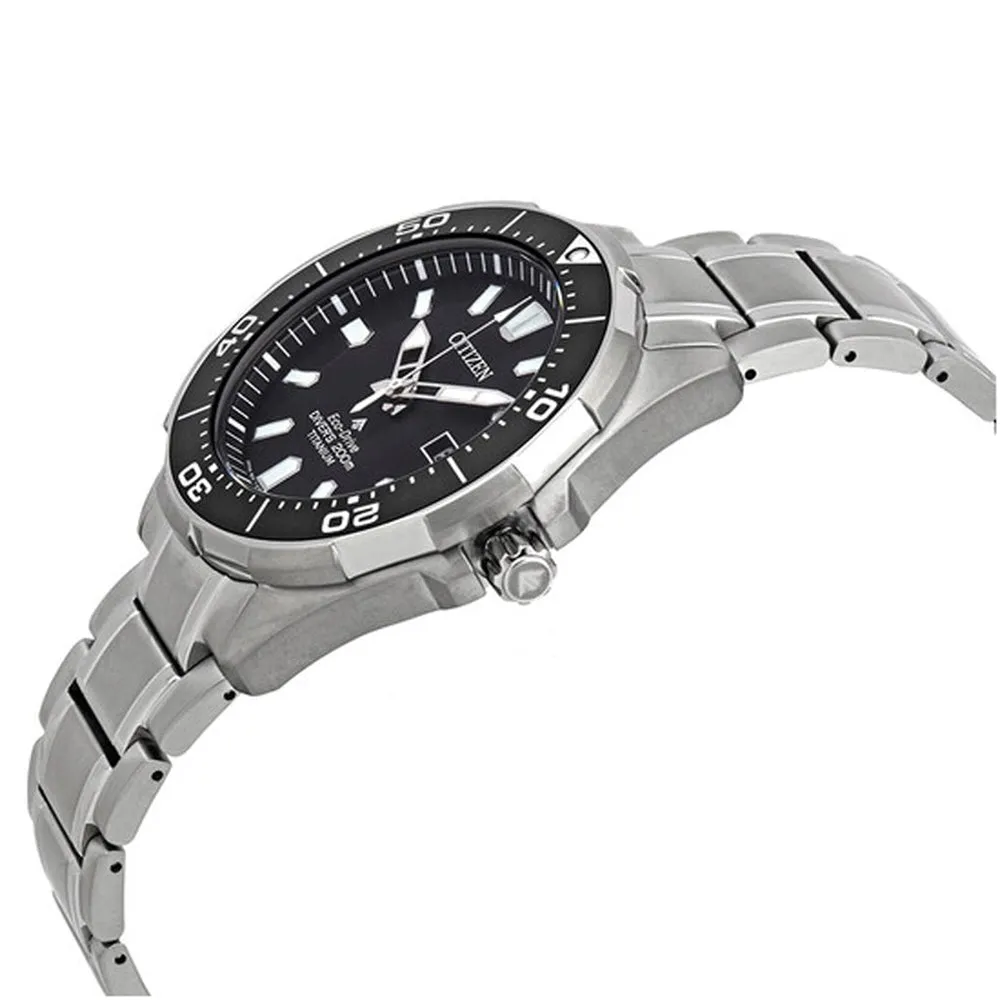 Citizen Eco-Drive Mens Silver Stainless Steel Band Black Dial Watch - BN0200-56E