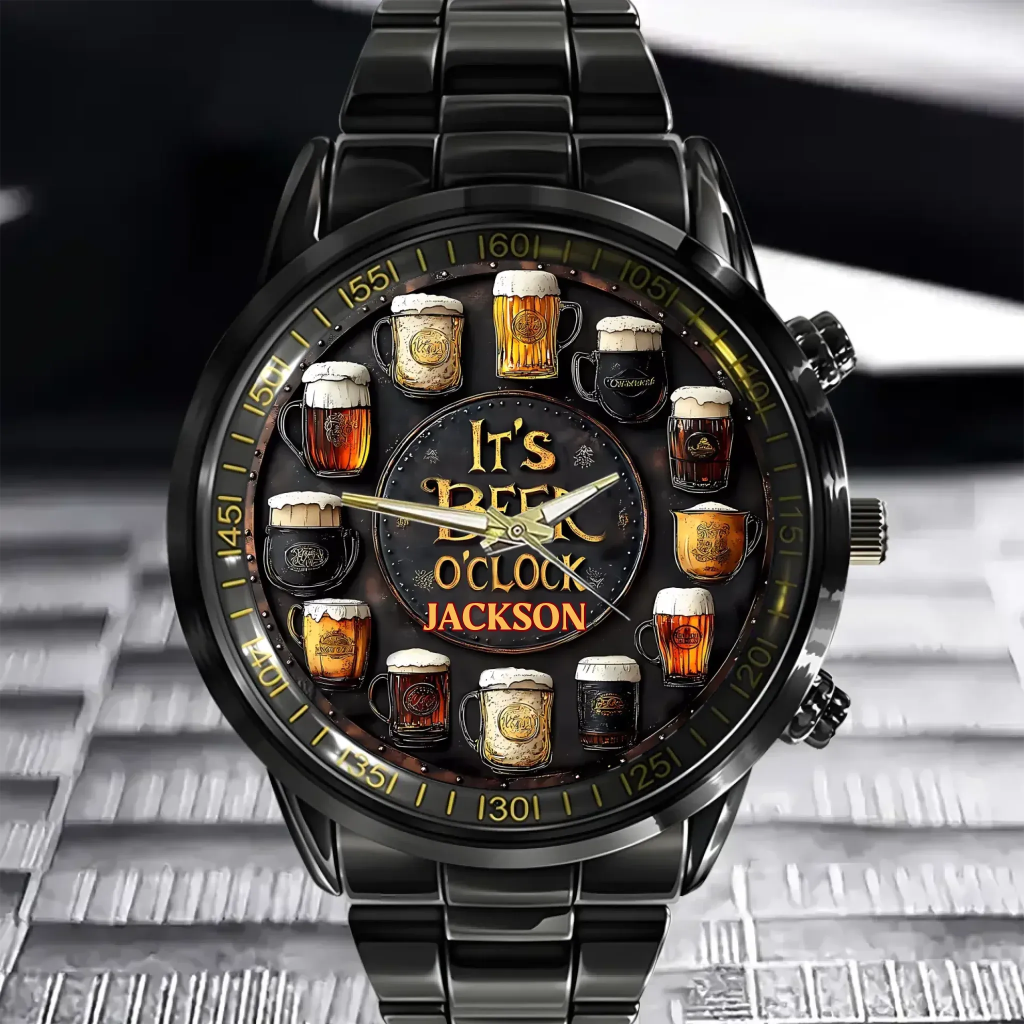 Customised Beer Themed Watches - Personalised Name Vintage Beer Pattern Scale Watch - Gift for Friend,Family,Beer Lover