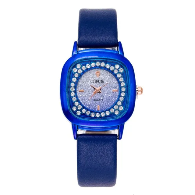 Fashion Square Rhinestone Watch For Women PU Leather Band Quartz Clock Ladies Casual Crystal Strap Female Bracelet Watches