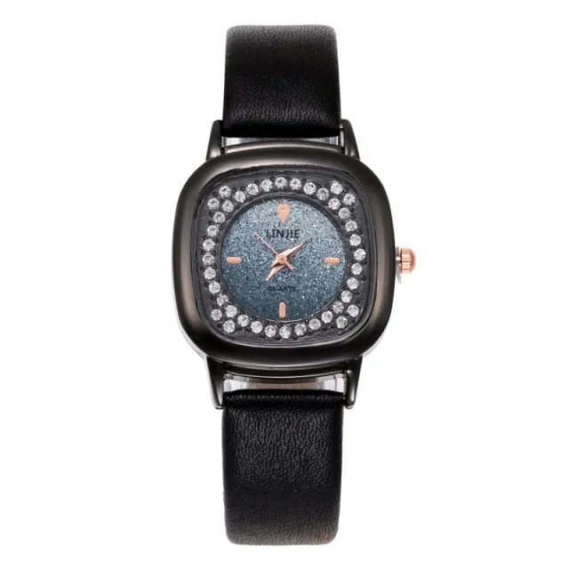Fashion Square Rhinestone Watch For Women PU Leather Band Quartz Clock Ladies Casual Crystal Strap Female Bracelet Watches
