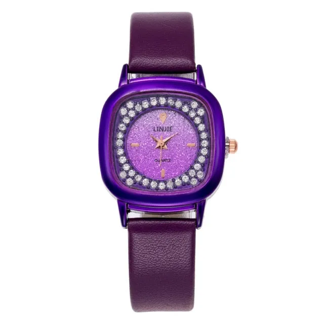 Fashion Square Rhinestone Watch For Women PU Leather Band Quartz Clock Ladies Casual Crystal Strap Female Bracelet Watches