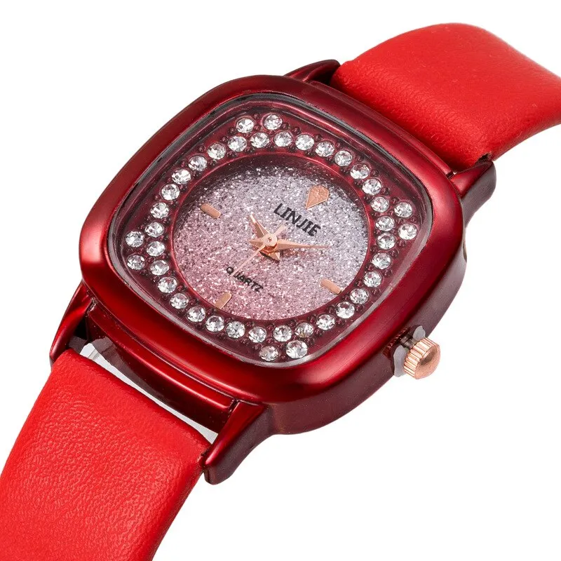 Fashion Square Rhinestone Watch For Women PU Leather Band Quartz Clock Ladies Casual Crystal Strap Female Bracelet Watches