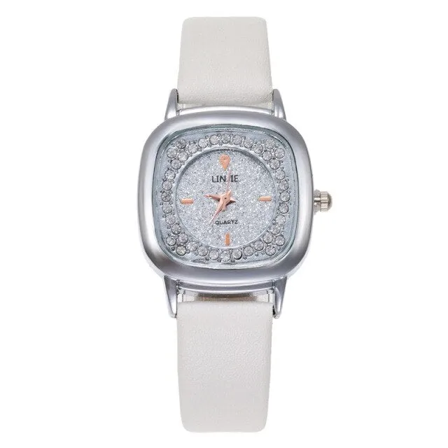 Fashion Square Rhinestone Watch For Women PU Leather Band Quartz Clock Ladies Casual Crystal Strap Female Bracelet Watches