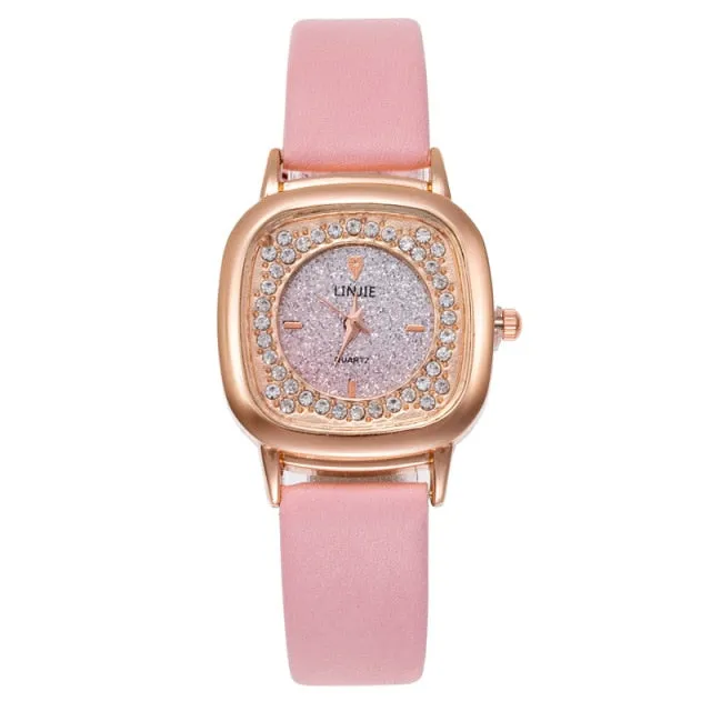 Fashion Square Rhinestone Watch For Women PU Leather Band Quartz Clock Ladies Casual Crystal Strap Female Bracelet Watches