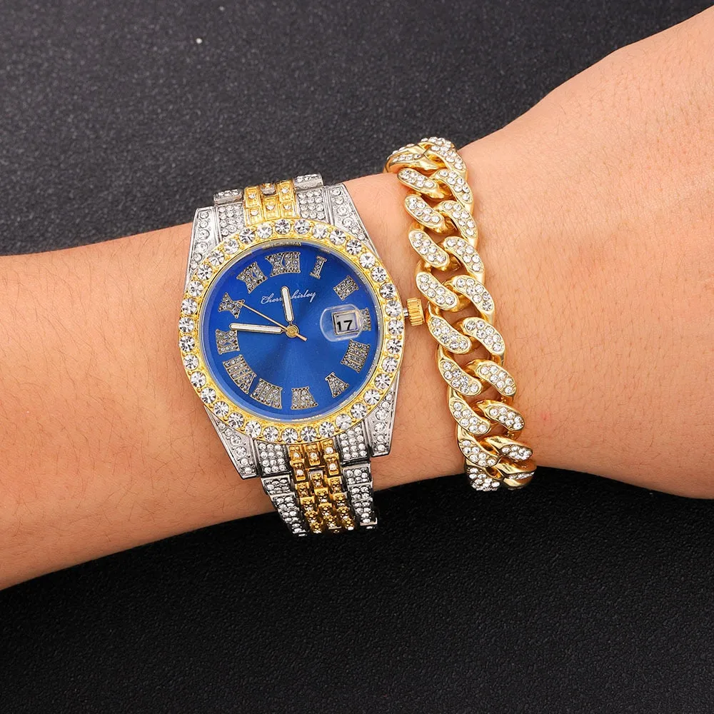 Full Iced Out Watch for Men Miami Cuban Chain Bracelet Iced Out Watches Men