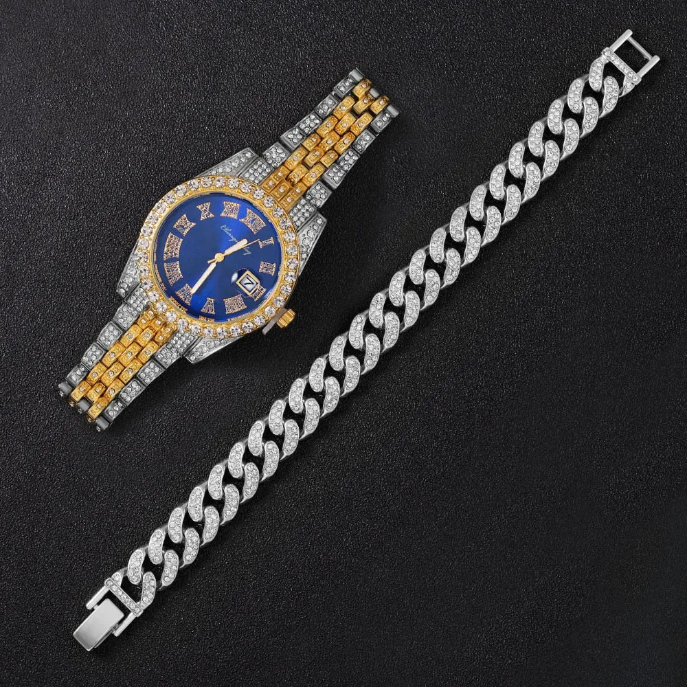 Full Iced Out Watch for Men Miami Cuban Chain Bracelet Iced Out Watches Men