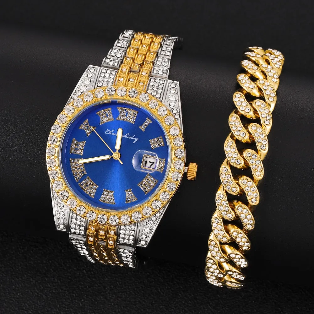 Full Iced Out Watch for Men Miami Cuban Chain Bracelet Iced Out Watches Men