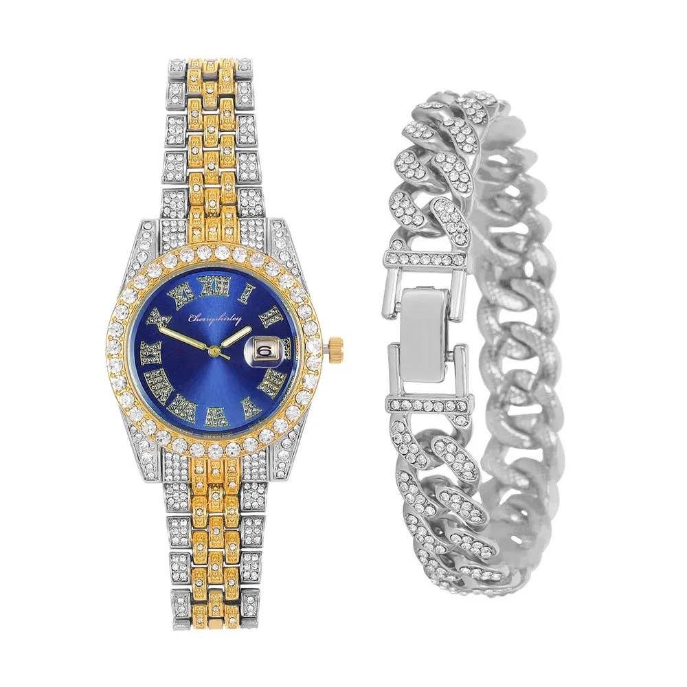 Full Iced Out Watch for Men Miami Cuban Chain Bracelet Iced Out Watches Men