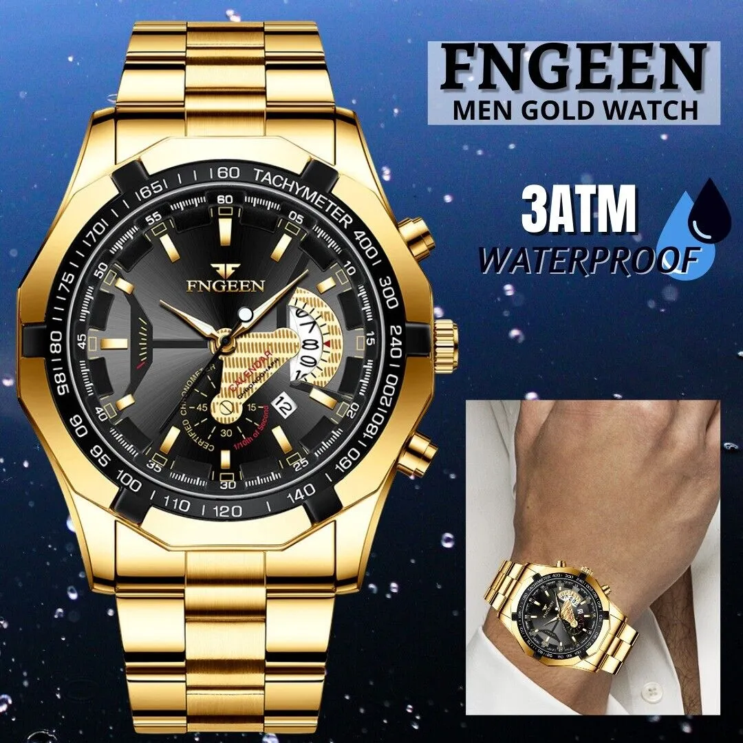 Gold Stainless Steel Quartz Watch For Men Waterproof Classic
