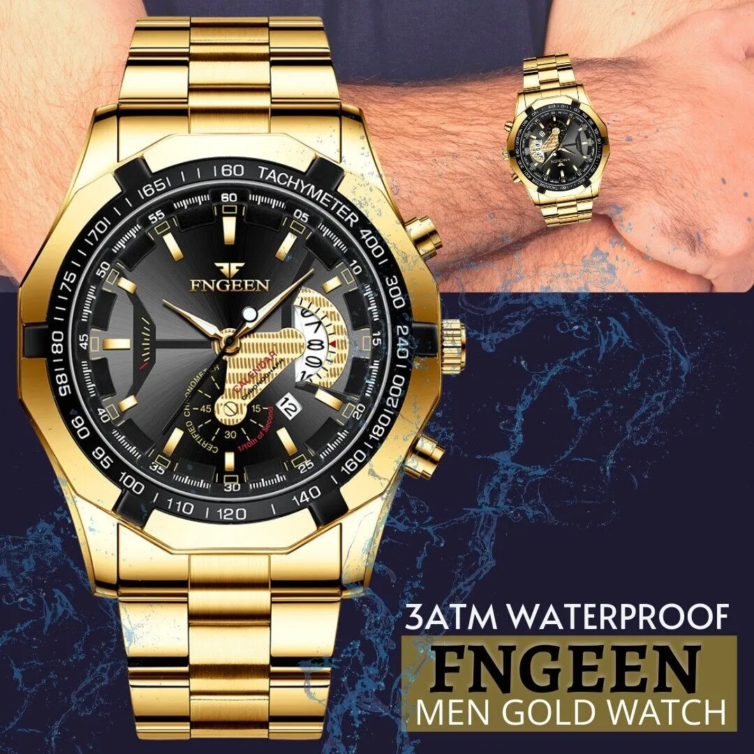 Gold Stainless Steel Quartz Watch For Men Waterproof Classic