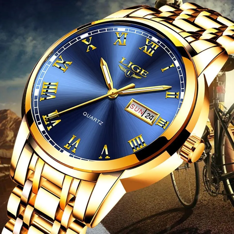 Great Gifts for Men - Top Brand Luxury Full Steel Quartz Business Gold Waterproof Wrist Watch