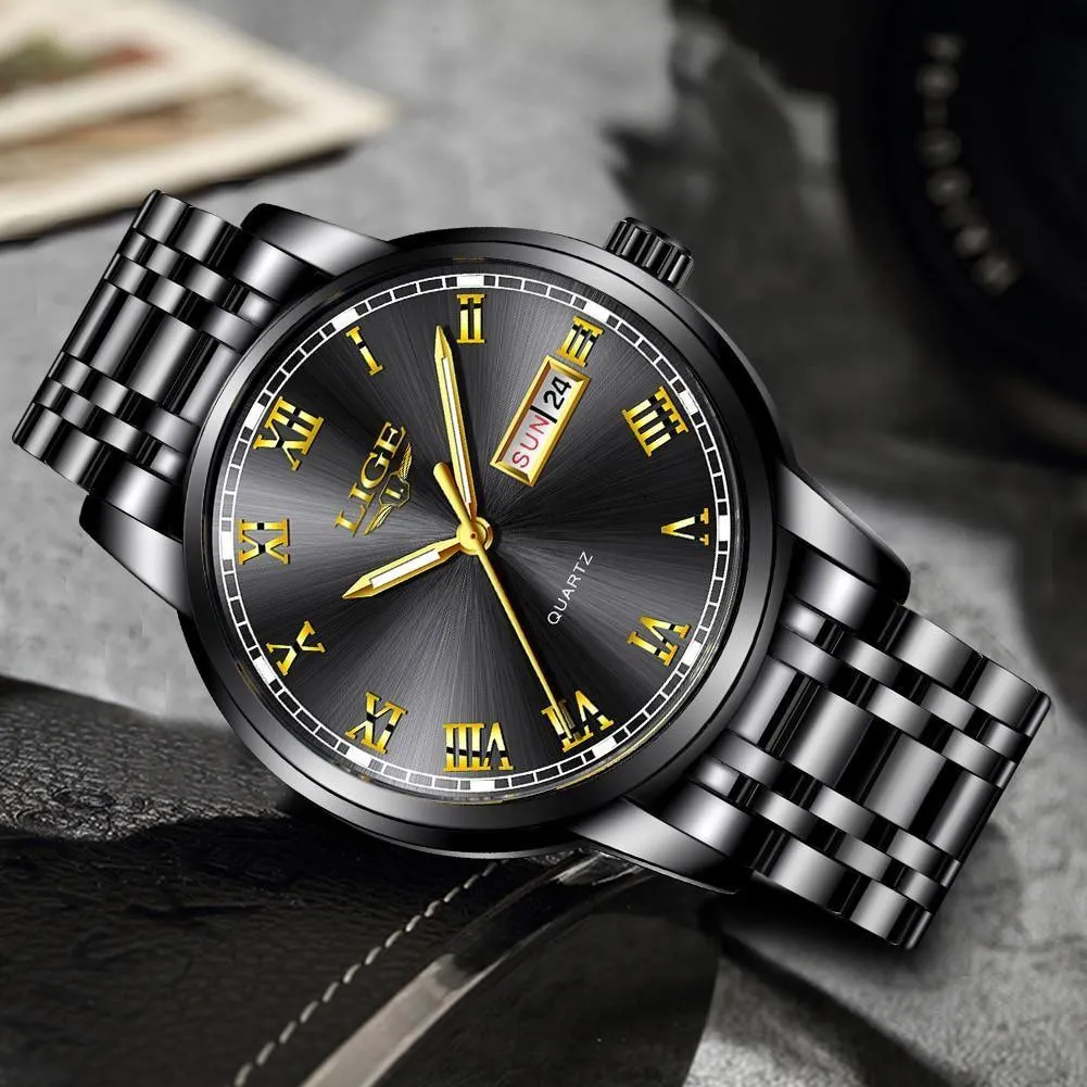 Great Gifts for Men - Top Brand Luxury Full Steel Quartz Business Gold Waterproof Wrist Watch