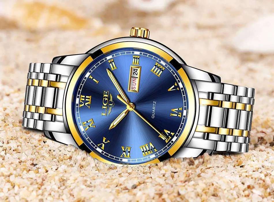 Great Gifts for Men - Top Brand Luxury Full Steel Quartz Business Gold Waterproof Wrist Watch