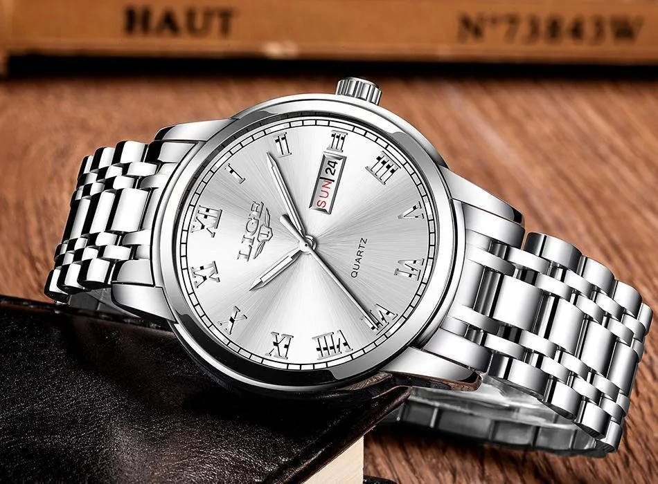 Great Gifts for Men - Top Brand Luxury Full Steel Quartz Business Gold Waterproof Wrist Watch