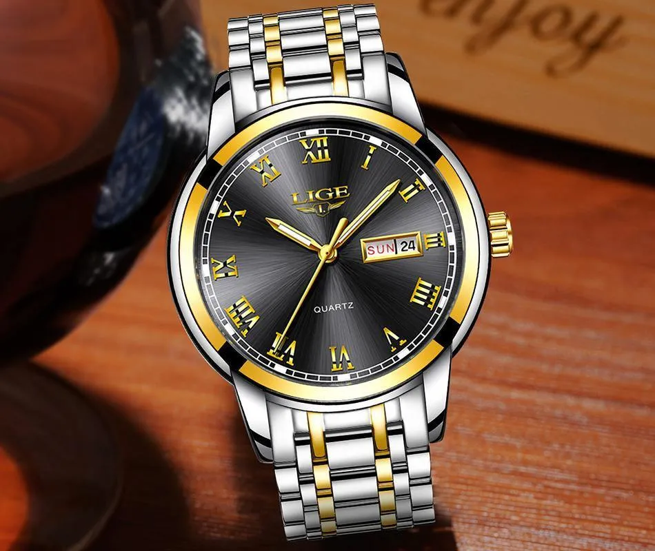 Great Gifts for Men - Top Brand Luxury Full Steel Quartz Business Gold Waterproof Wrist Watch