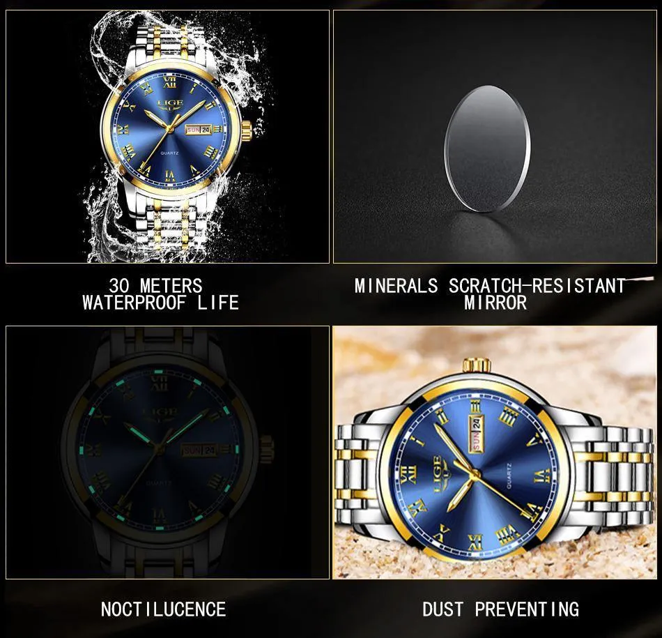 Great Gifts for Men - Top Brand Luxury Full Steel Quartz Business Gold Waterproof Wrist Watch