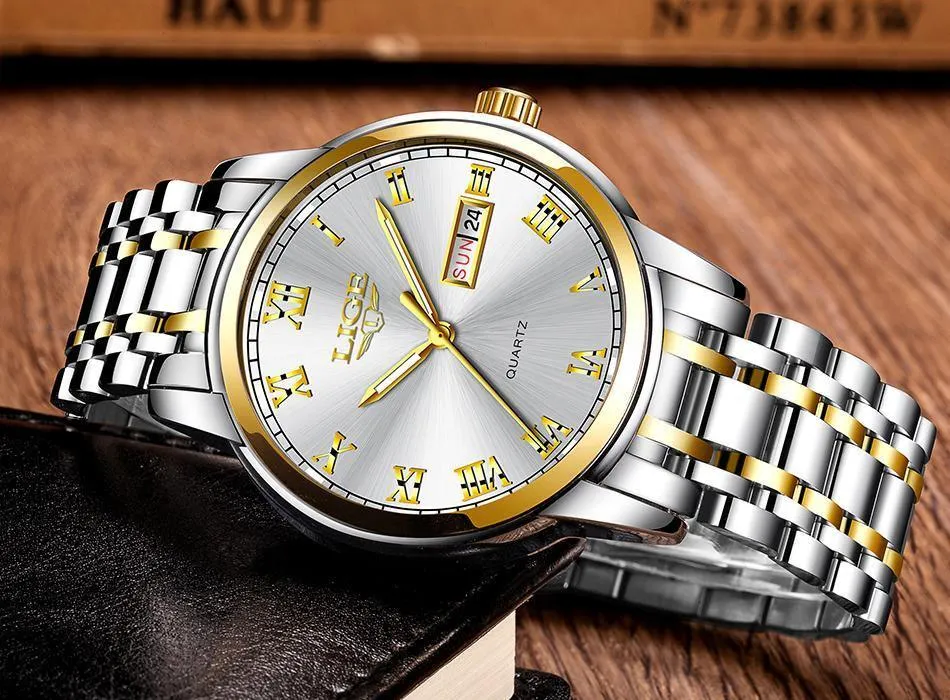 Great Gifts for Men - Top Brand Luxury Full Steel Quartz Business Gold Waterproof Wrist Watch