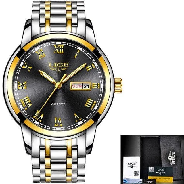 Great Gifts for Men - Top Brand Luxury Full Steel Quartz Business Gold Waterproof Wrist Watch