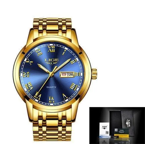 Great Gifts for Men - Top Brand Luxury Full Steel Quartz Business Gold Waterproof Wrist Watch