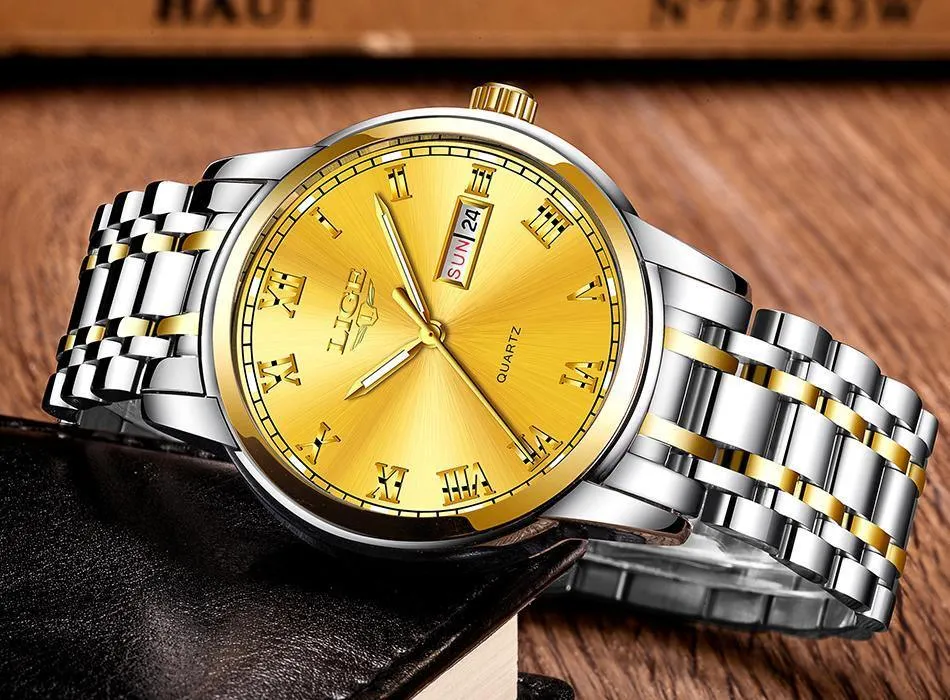 Great Gifts for Men - Top Brand Luxury Full Steel Quartz Business Gold Waterproof Wrist Watch
