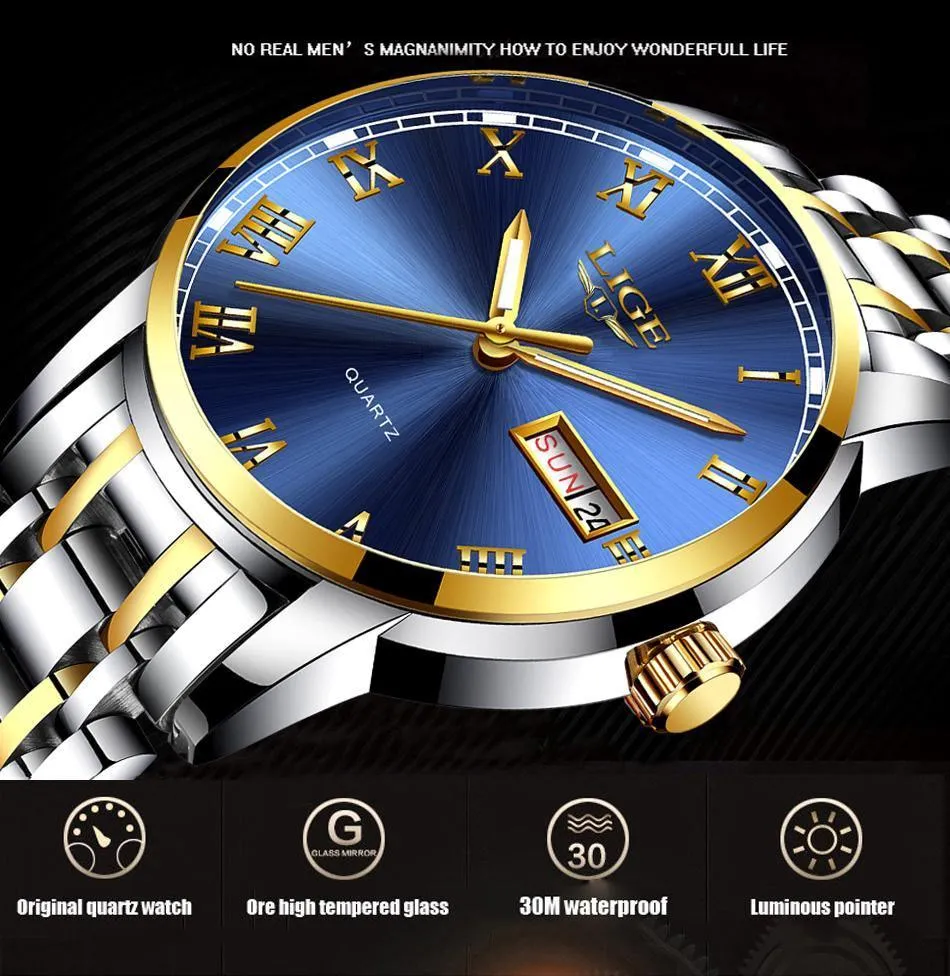 Great Gifts for Men - Top Brand Luxury Full Steel Quartz Business Gold Waterproof Wrist Watch