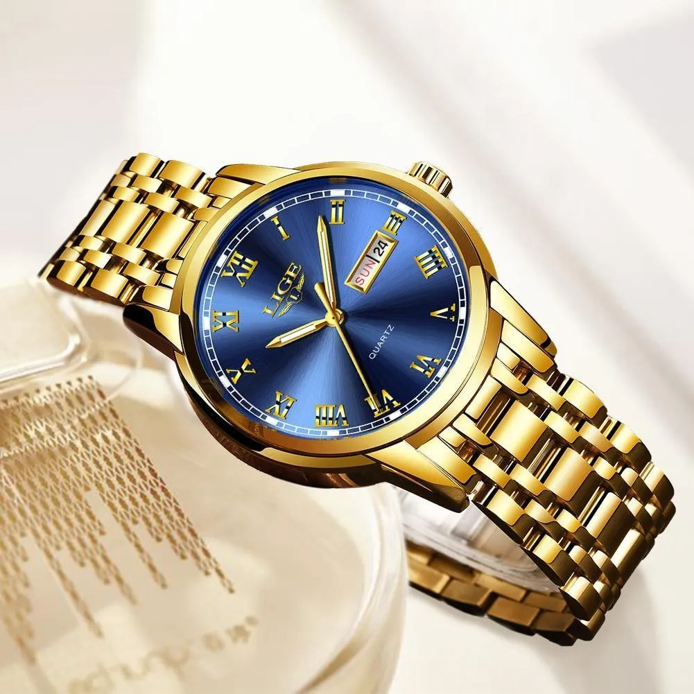 Great Gifts for Men - Top Brand Luxury Full Steel Quartz Business Gold Waterproof Wrist Watch