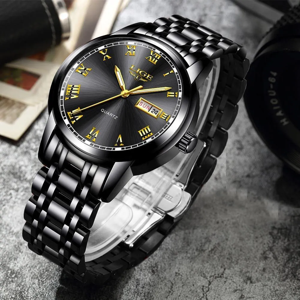 Great Gifts for Men - Top Brand Luxury Full Steel Quartz Business Gold Waterproof Wrist Watch