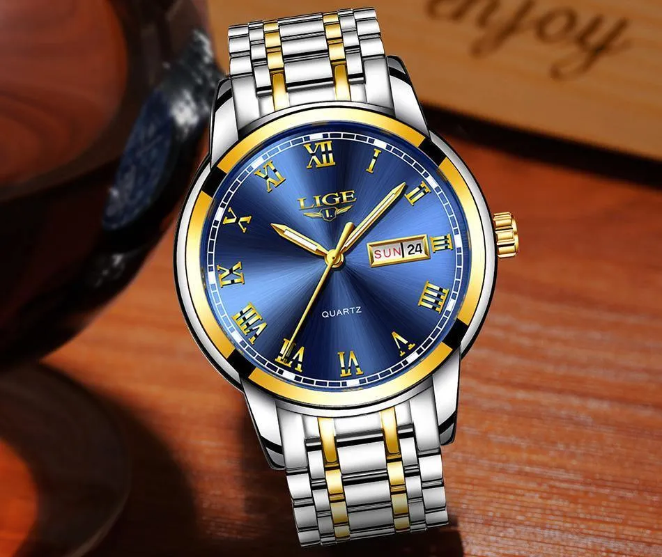 Great Gifts for Men - Top Brand Luxury Full Steel Quartz Business Gold Waterproof Wrist Watch