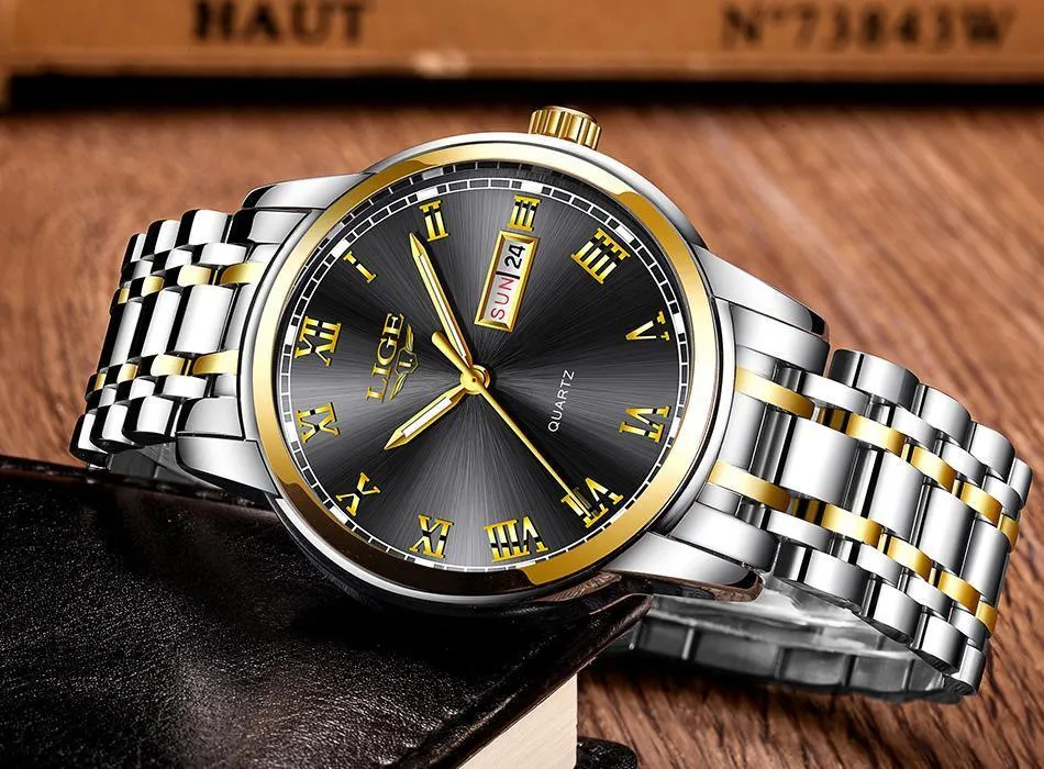 Great Gifts for Men - Top Brand Luxury Full Steel Quartz Business Gold Waterproof Wrist Watch