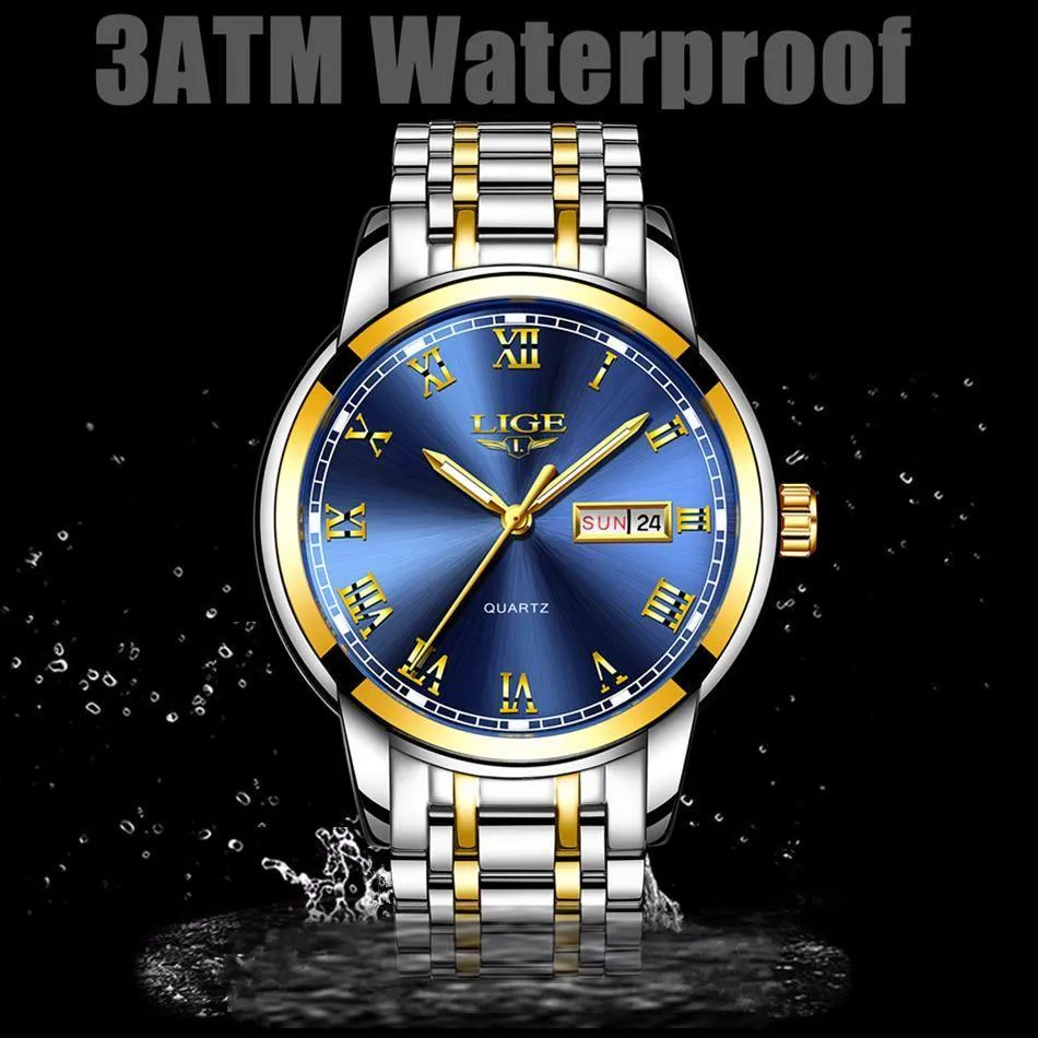 Great Gifts for Men - Top Brand Luxury Full Steel Quartz Business Gold Waterproof Wrist Watch