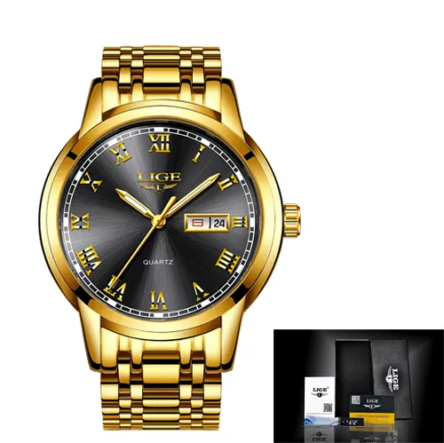 Great Gifts for Men - Top Brand Luxury Full Steel Quartz Business Gold Waterproof Wrist Watch