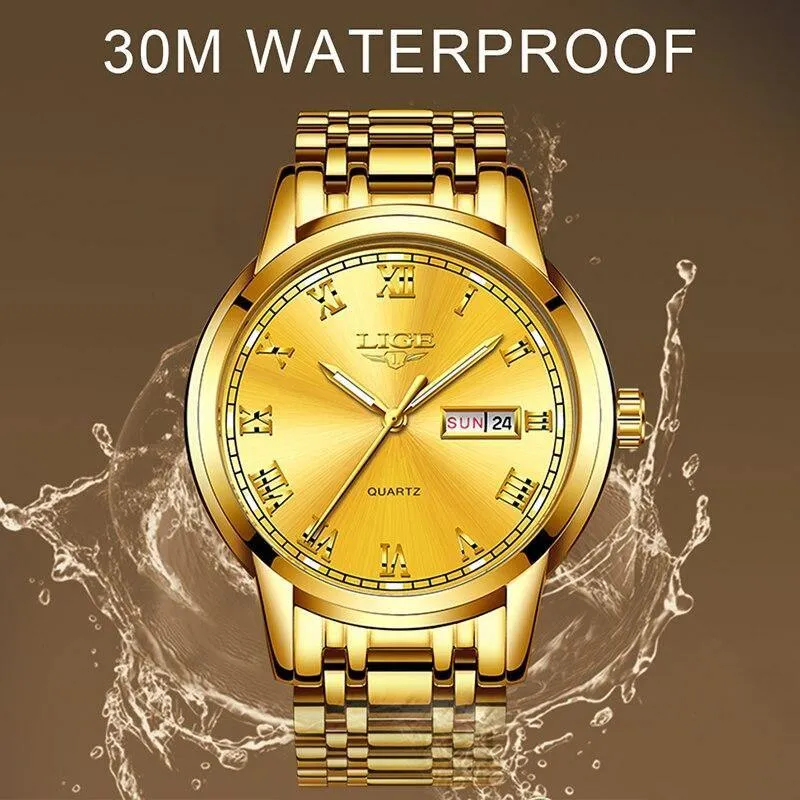 Great Gifts for Men - Top Brand Luxury Full Steel Quartz Business Gold Waterproof Wrist Watch