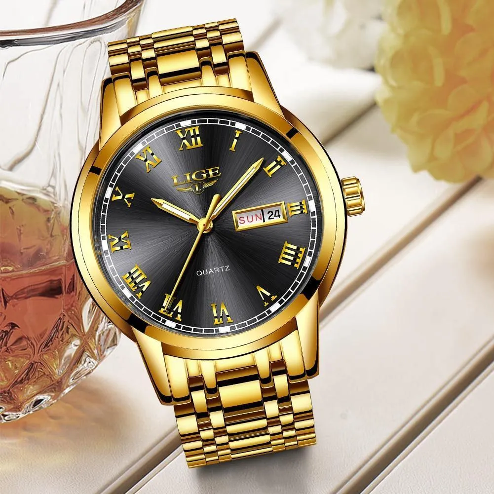 Great Gifts for Men - Top Brand Luxury Full Steel Quartz Business Gold Waterproof Wrist Watch