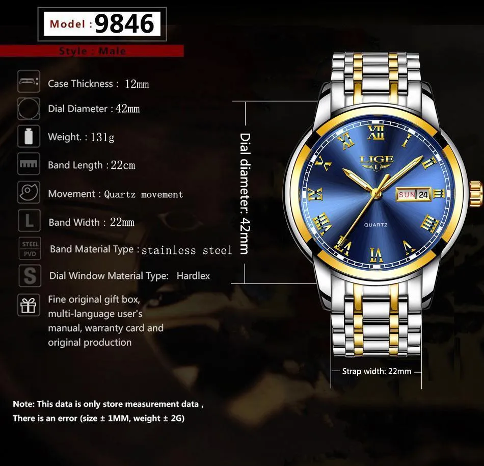 Great Gifts for Men - Top Brand Luxury Full Steel Quartz Business Gold Waterproof Wrist Watch