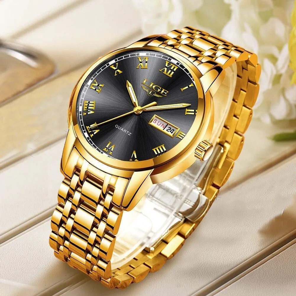 Great Gifts for Men - Top Brand Luxury Full Steel Quartz Business Gold Waterproof Wrist Watch