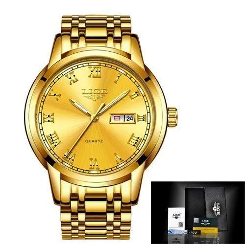 Great Gifts for Men - Top Brand Luxury Full Steel Quartz Business Gold Waterproof Wrist Watch