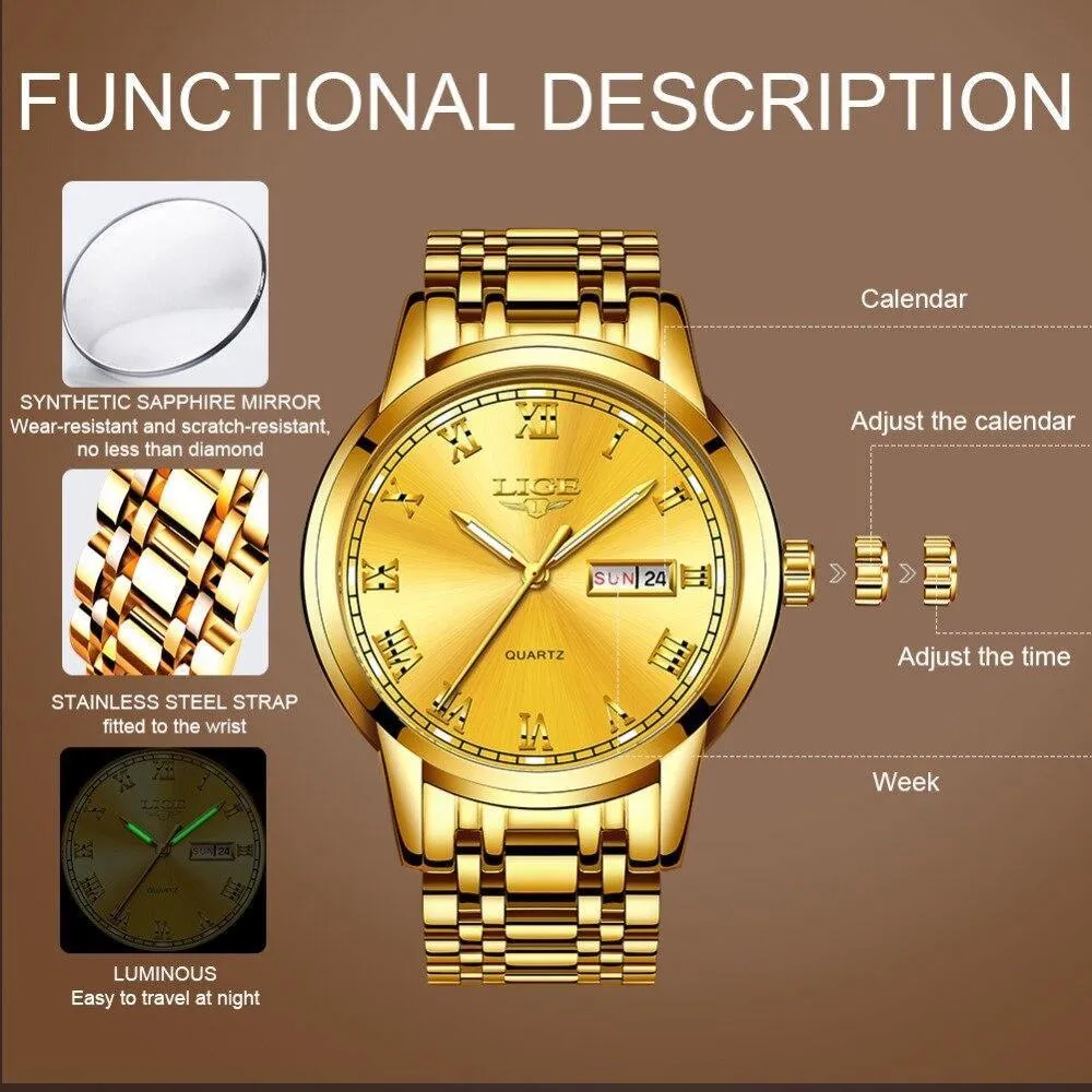 Great Gifts for Men - Top Brand Luxury Full Steel Quartz Business Gold Waterproof Wrist Watch