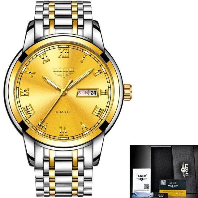 Great Gifts for Men - Top Brand Luxury Full Steel Quartz Business Gold Waterproof Wrist Watch
