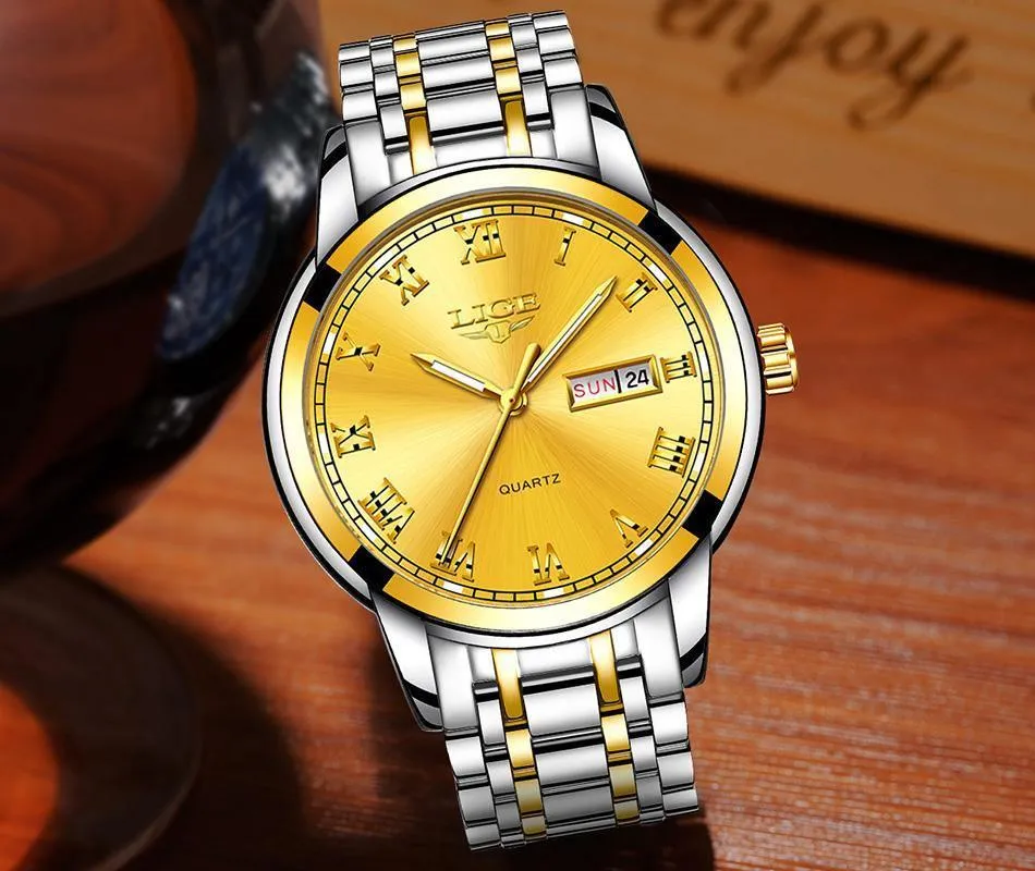 Great Gifts for Men - Top Brand Luxury Full Steel Quartz Business Gold Waterproof Wrist Watch