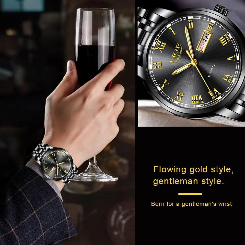 Great Gifts for Men - Top Brand Luxury Full Steel Quartz Business Gold Waterproof Wrist Watch