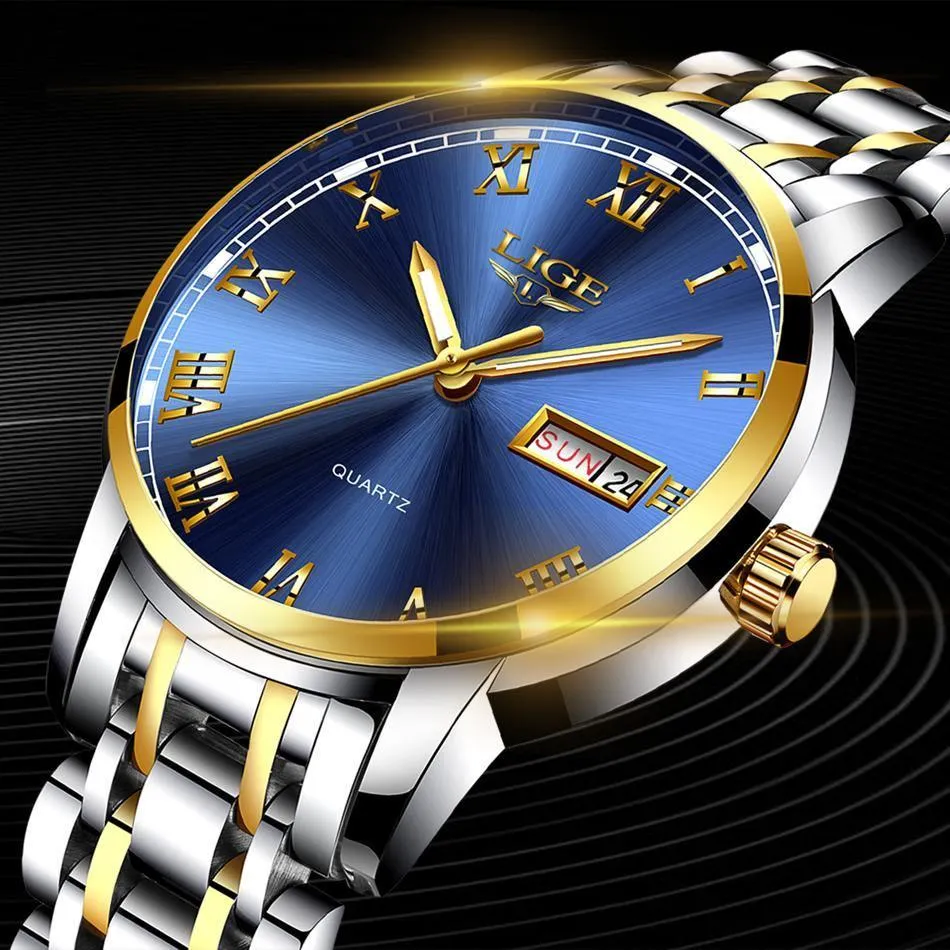 Great Gifts for Men - Top Brand Luxury Full Steel Quartz Business Gold Waterproof Wrist Watch