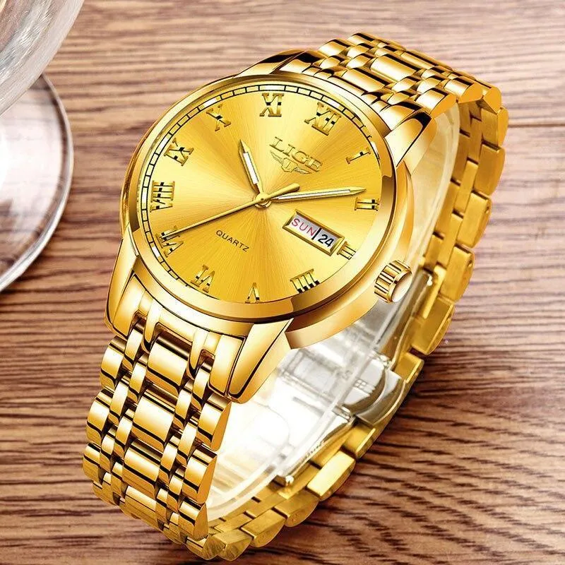 Great Gifts for Men - Top Brand Luxury Full Steel Quartz Business Gold Waterproof Wrist Watch