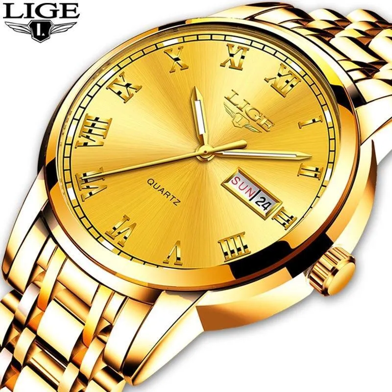 Great Gifts for Men - Top Brand Luxury Full Steel Quartz Business Gold Waterproof Wrist Watch